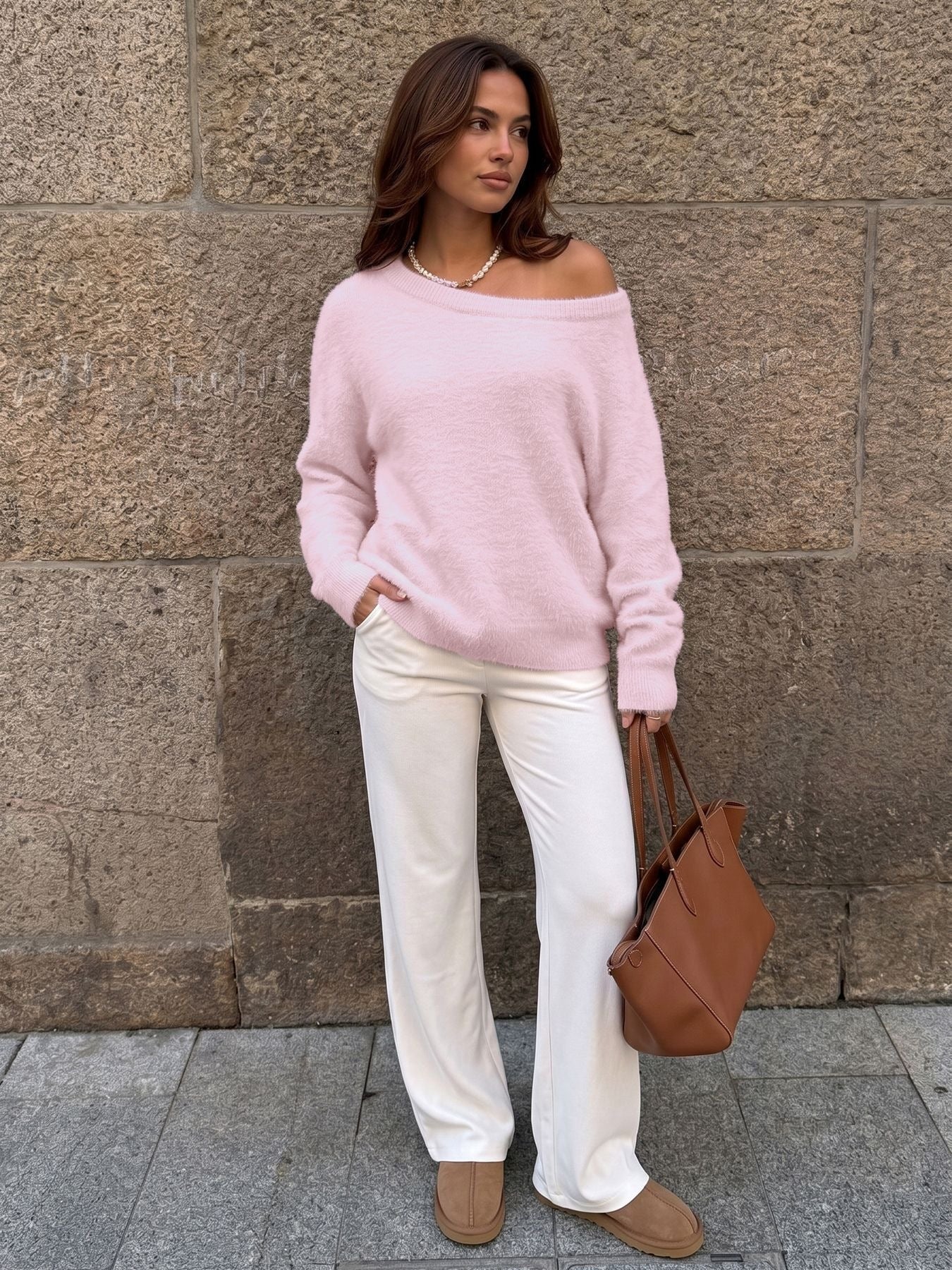 Solid Fuzzy Sweater Feminine Crewneck Relaxed Fit