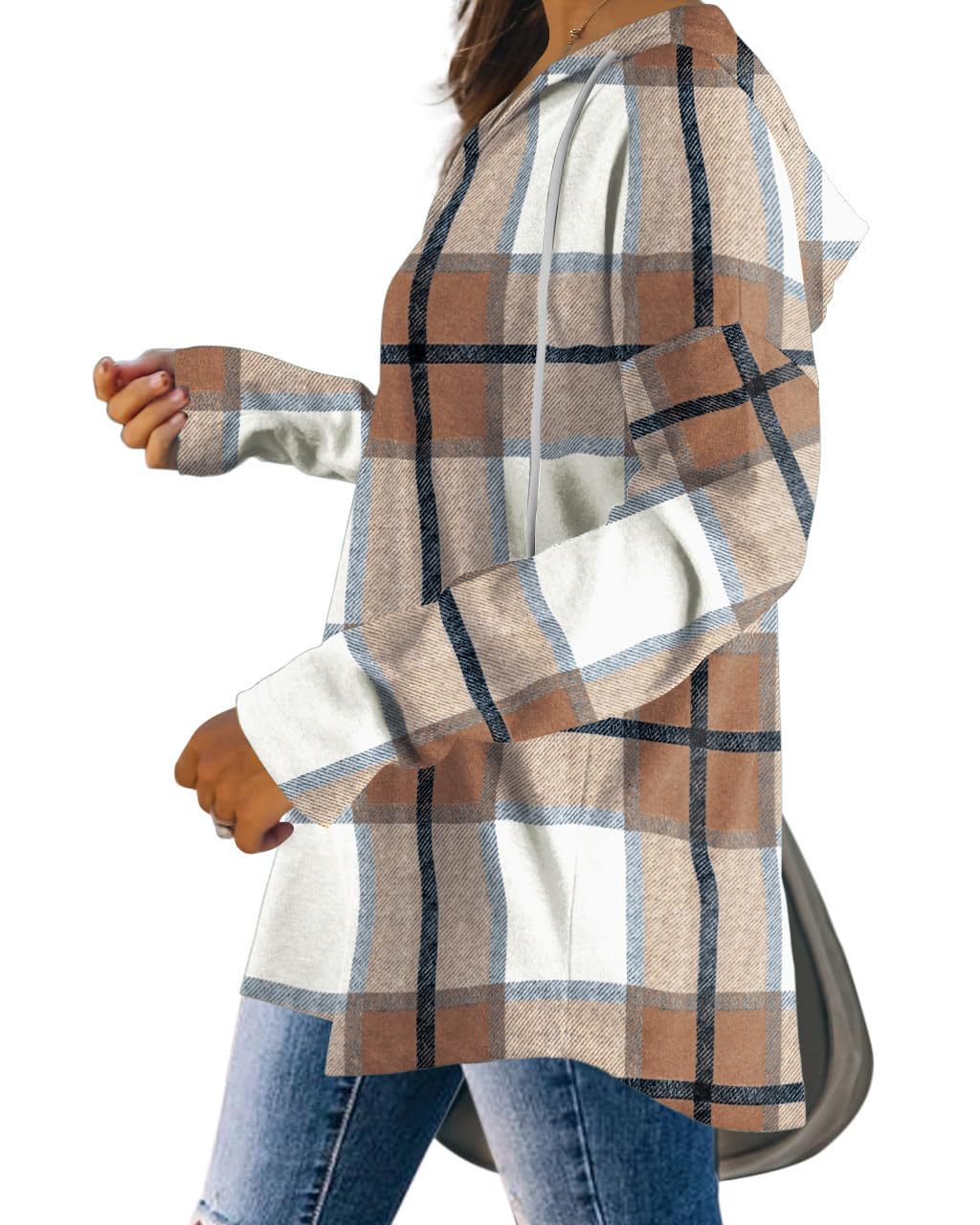 Women's Plaid V-Neck Fleece Hoodie Pullover