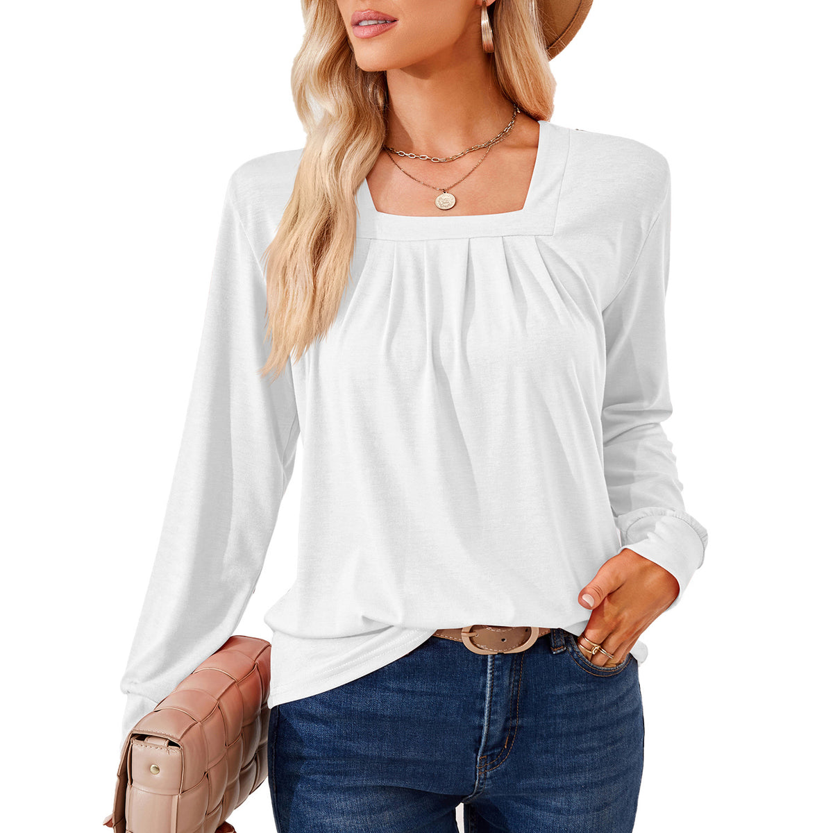 Women's Square Neck Pleated Long Sleeve Tunic Top