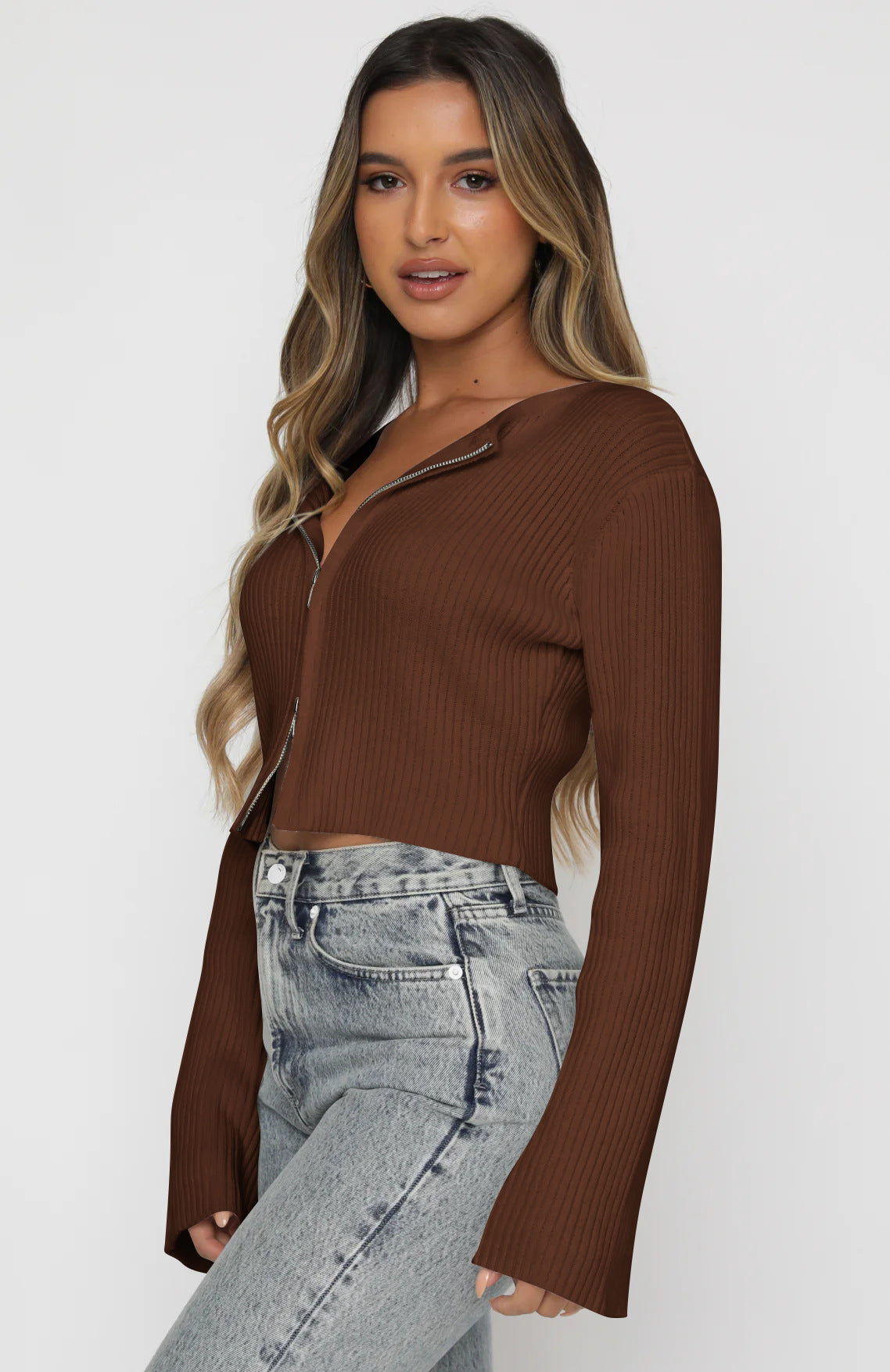 Trendy Zip-Up Cropped Knit Sweater for Women