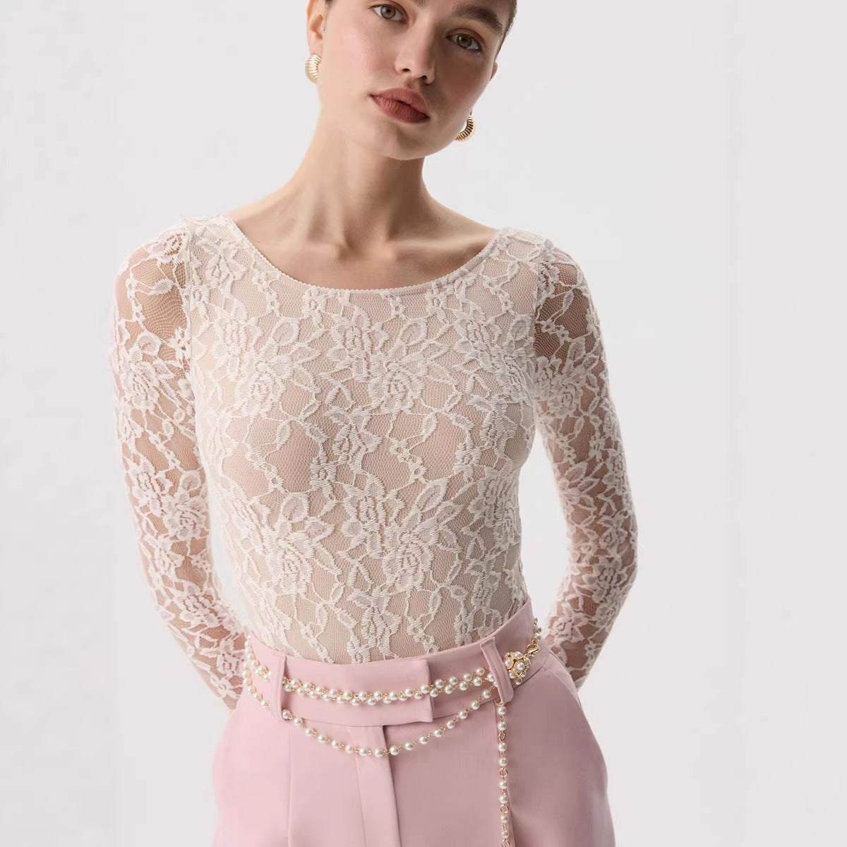 Women's Sheer Blouse Lace Long Sleeve Fitted U Neck Top