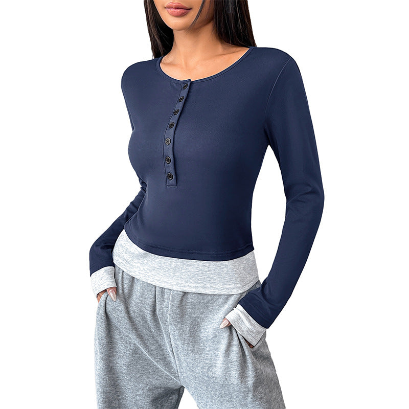 Colorblock Fake Two Piece Slim Fit Long Sleeve Top