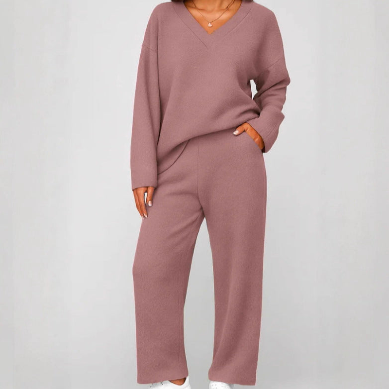 Women's V-Neck Knit 2 Piece Lounge Set Wide Leg Pants