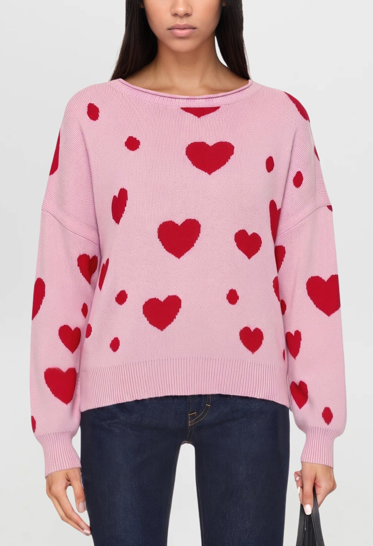 Women's Heart Print Oversized Crewneck Knit Sweater