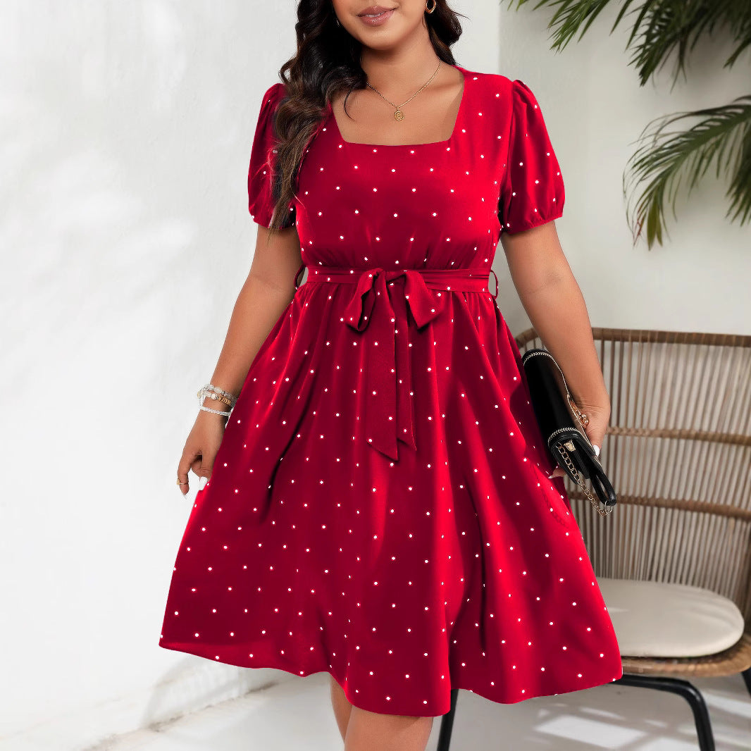 Plus Size Tie Waist Polka Dot Midi Dress