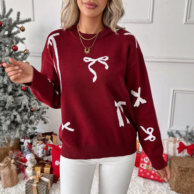 Red Bow Knit Christmas Sweater Round Neck Pullover