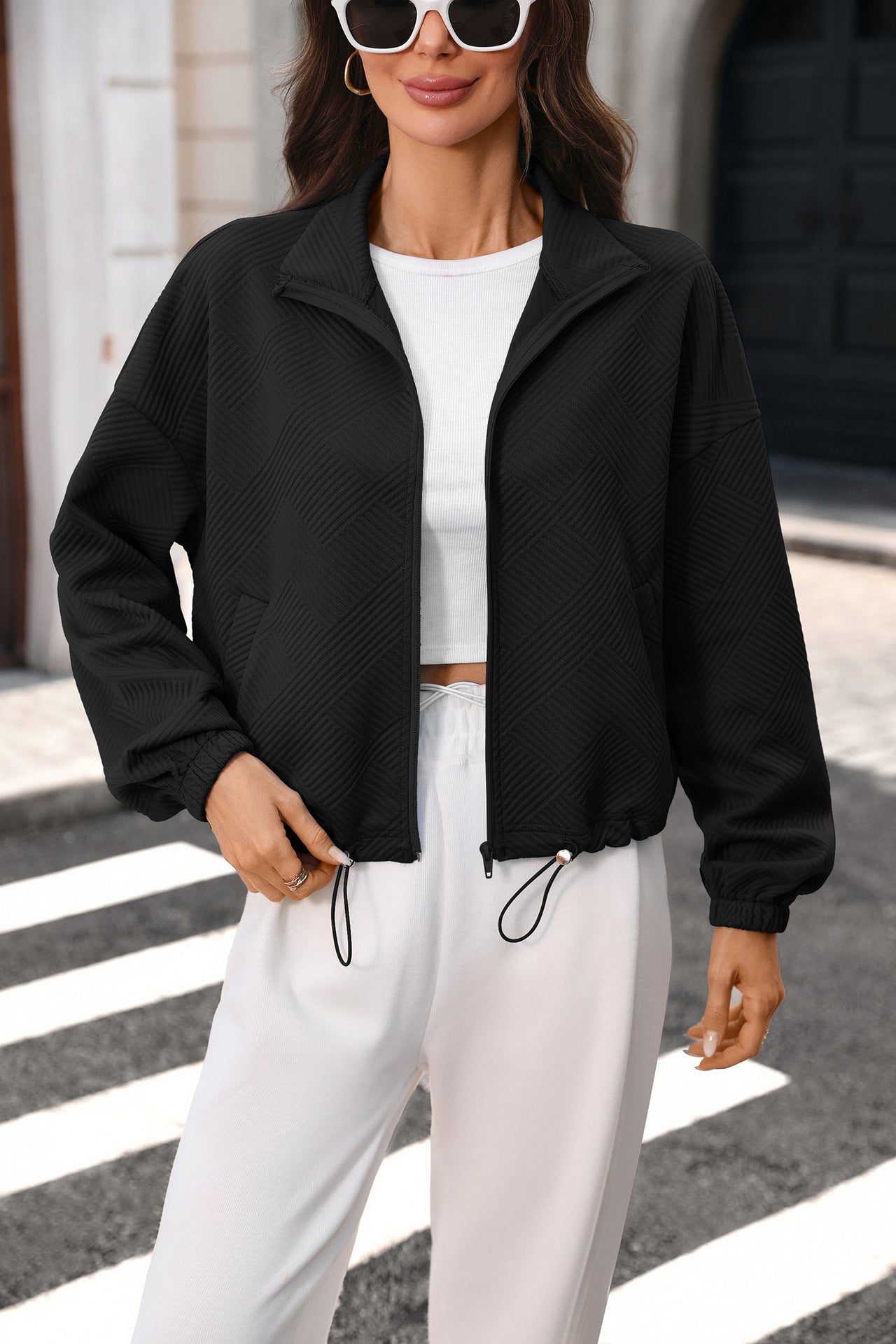 Solid Textured Corduroy Jacket Zip Front Casual Layering