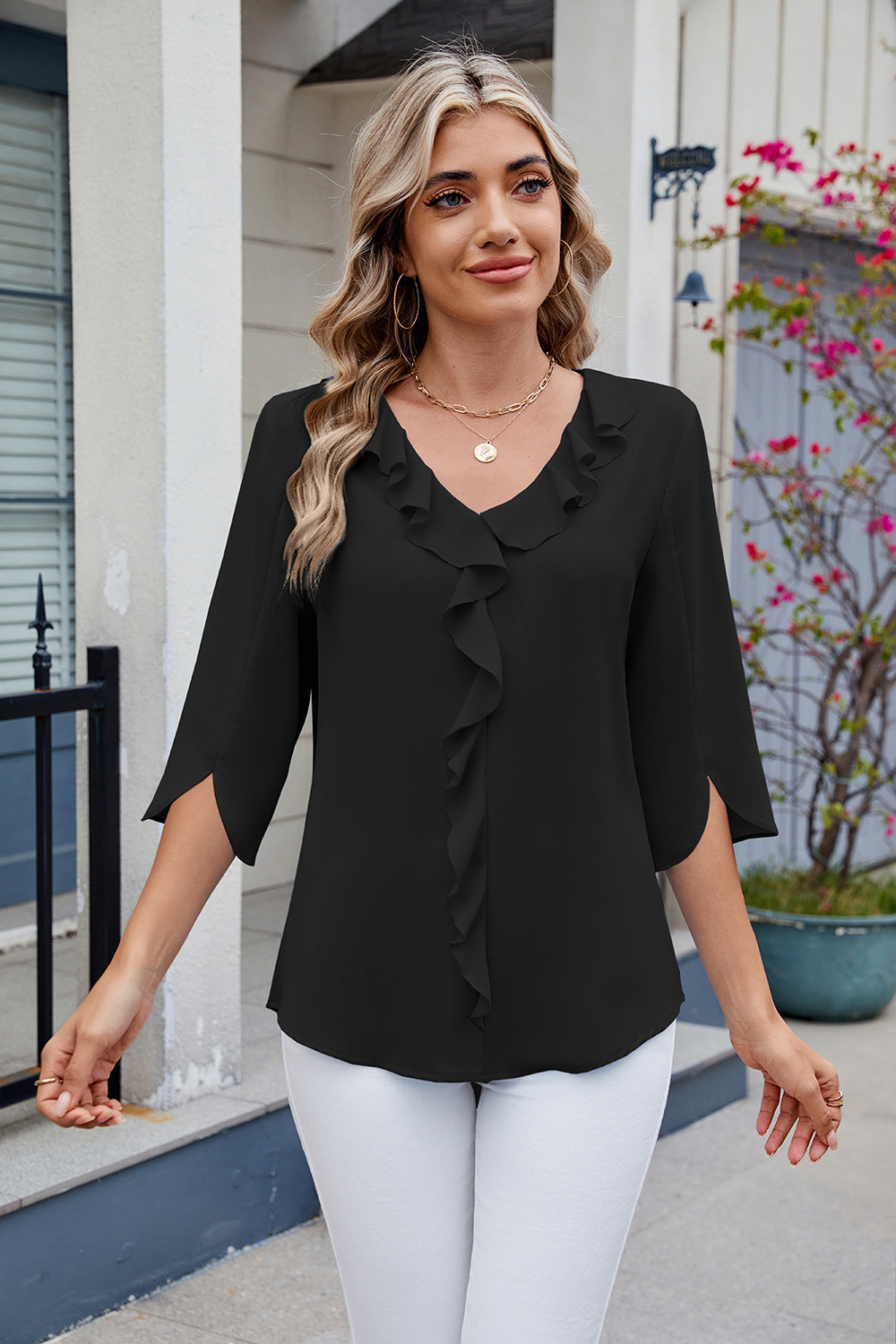 V-Neck Ruffle Mid-Sleeve Chiffon Shirt