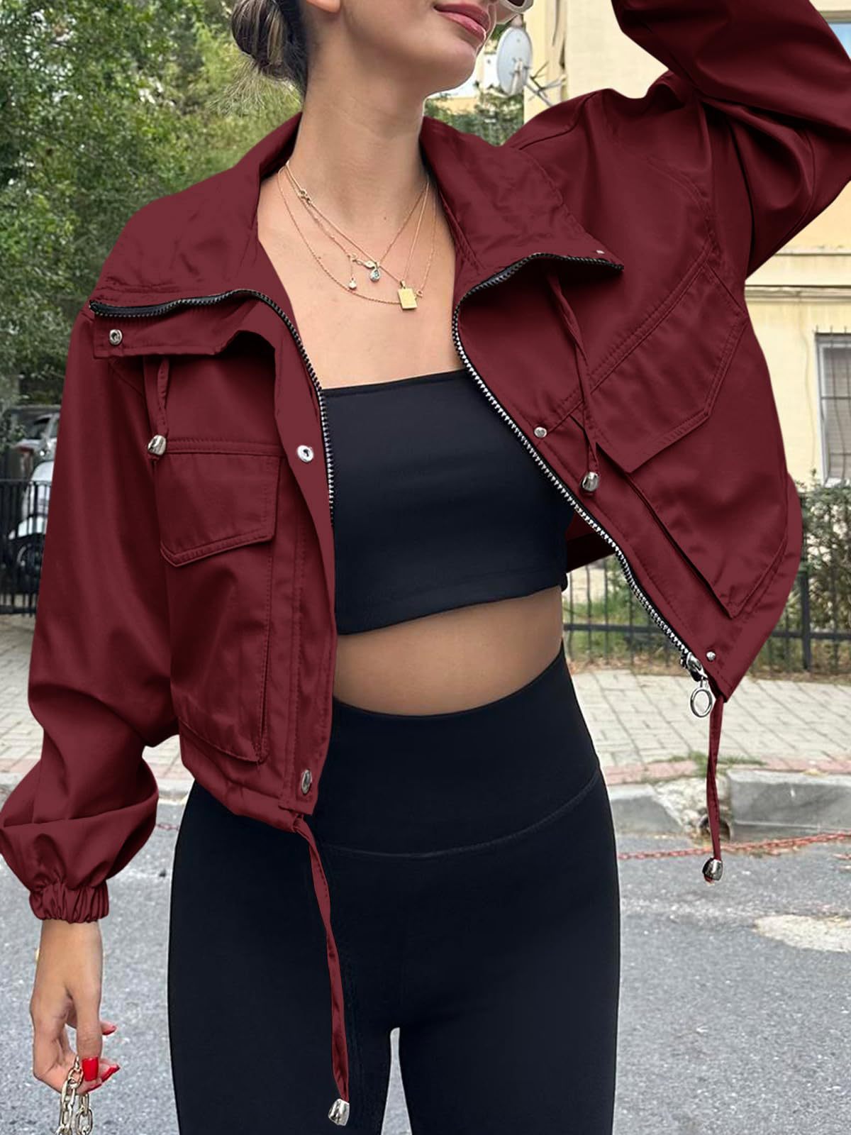 Solid Cropped Windbreaker Utility Jacket