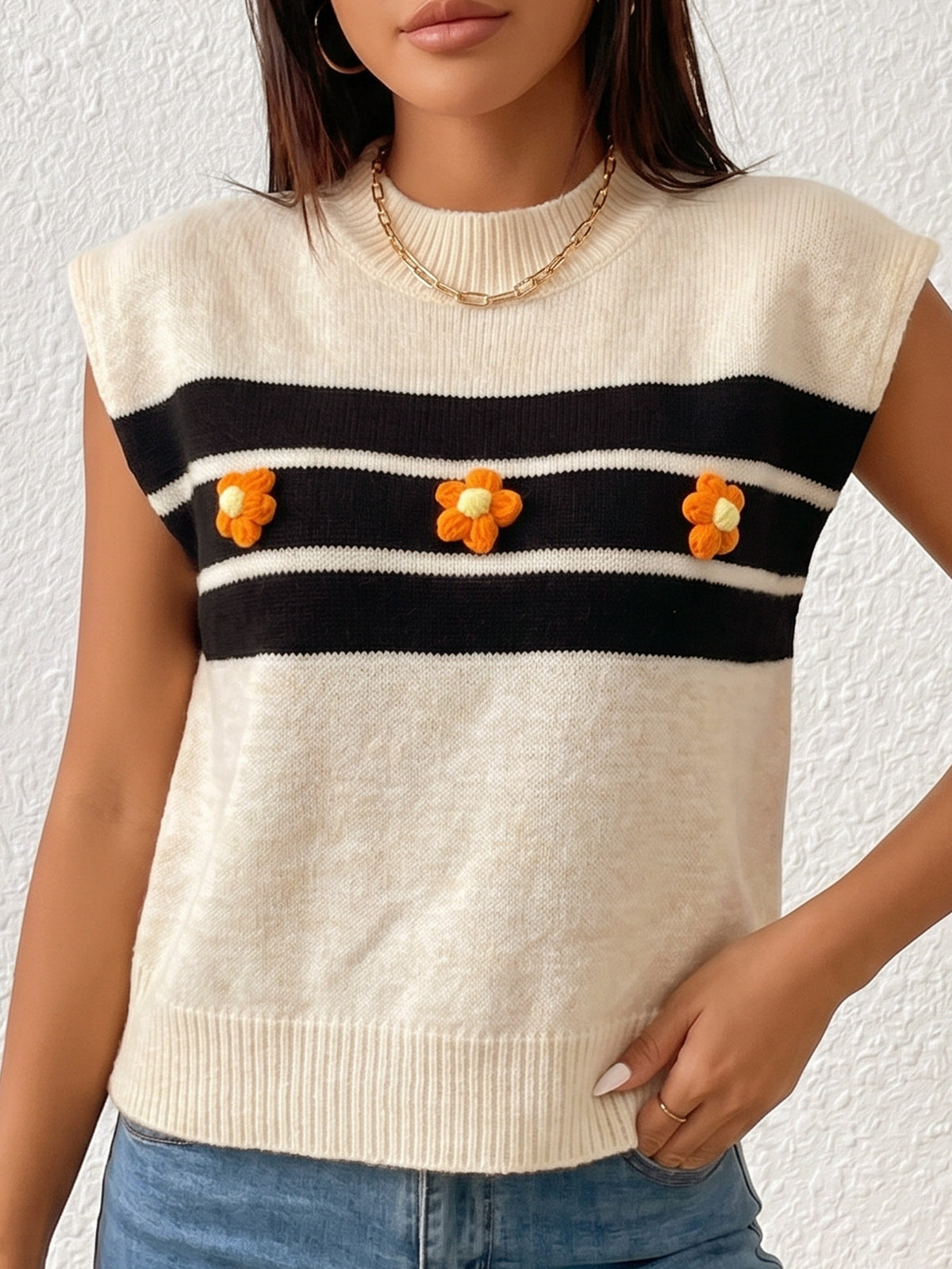 Women's Striped Crochet Flower Sweater Vest