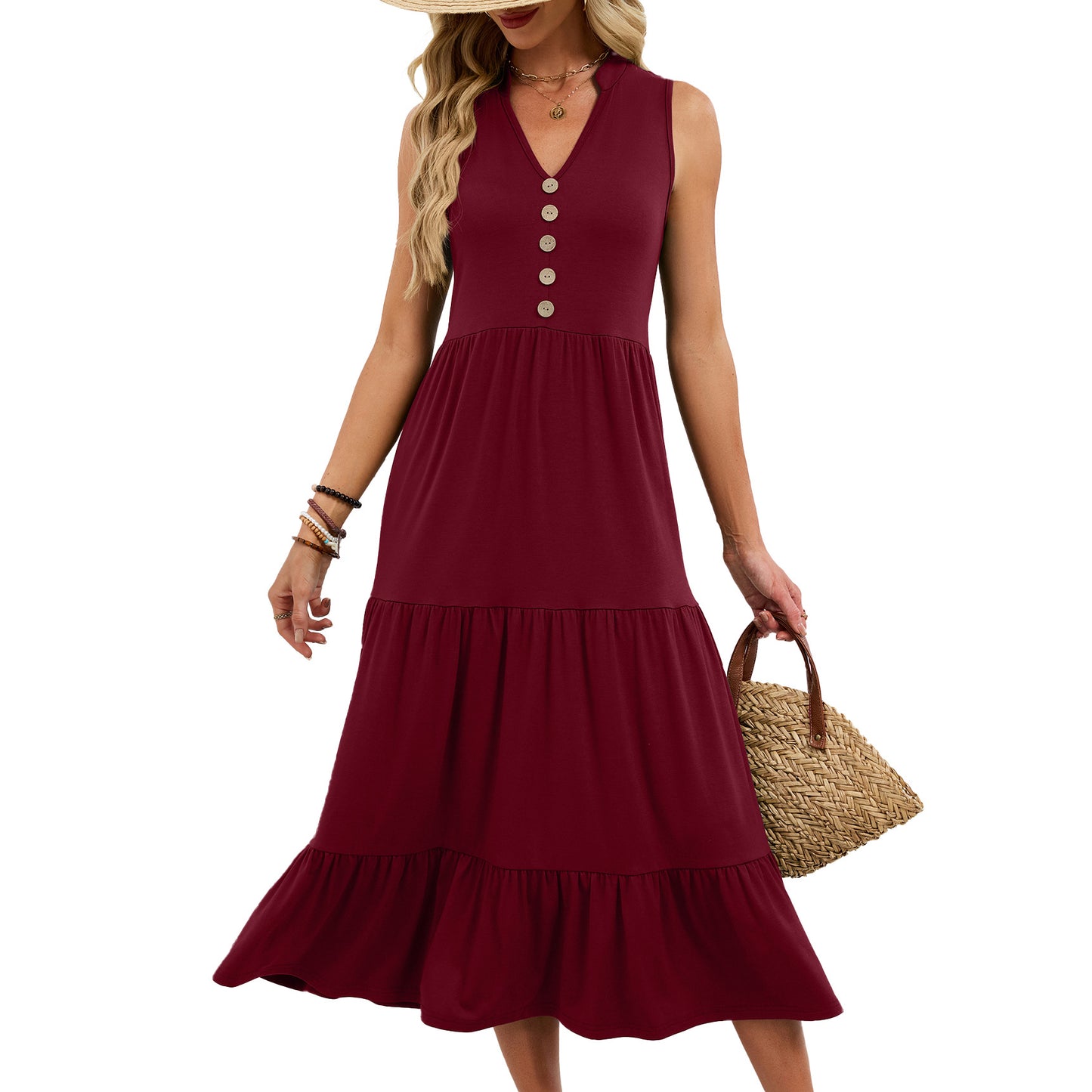 Sleeveless V Neck Button Tiered Midi Dress Casual