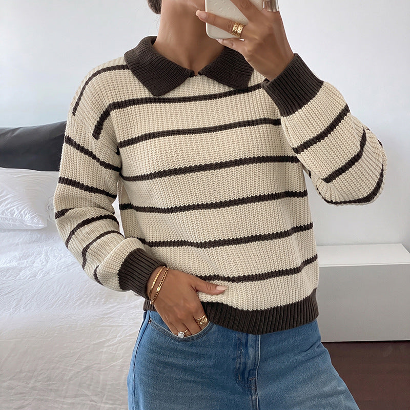 Striped Polo Knit Sweater Relaxed Fit Long Sleeve Pullover