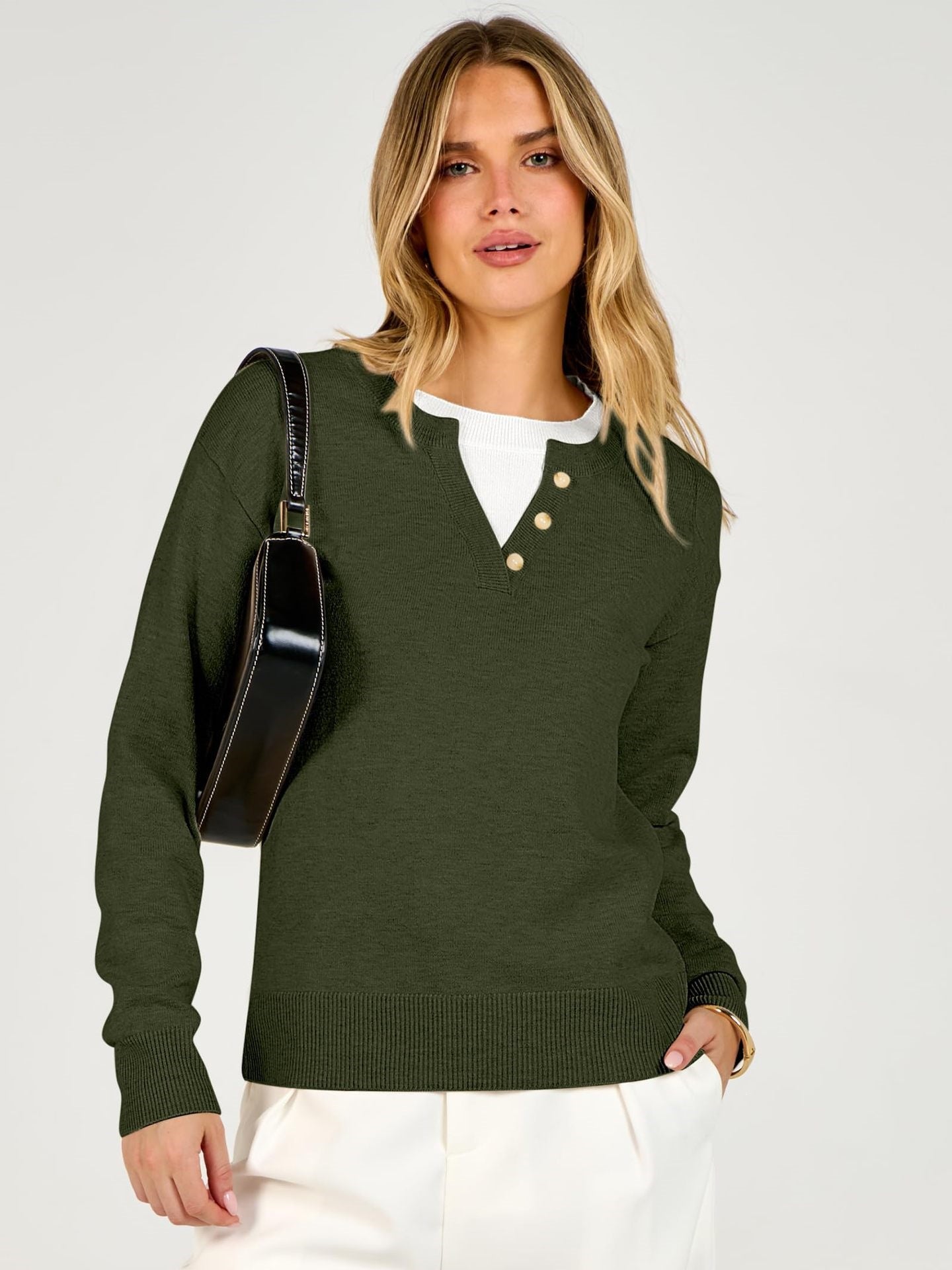 V Neck Button Contrast Knit Sweater Old Money Style