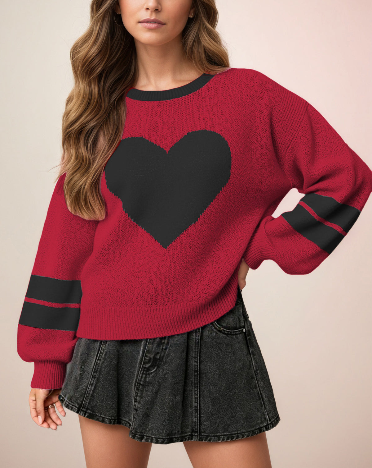 Valentine Heart Sweater Women Oversized Color Block Knit