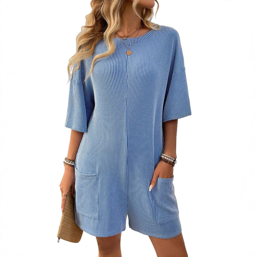 Womens Striped Romper Loose Fit Short Sleeve Jumpsuit