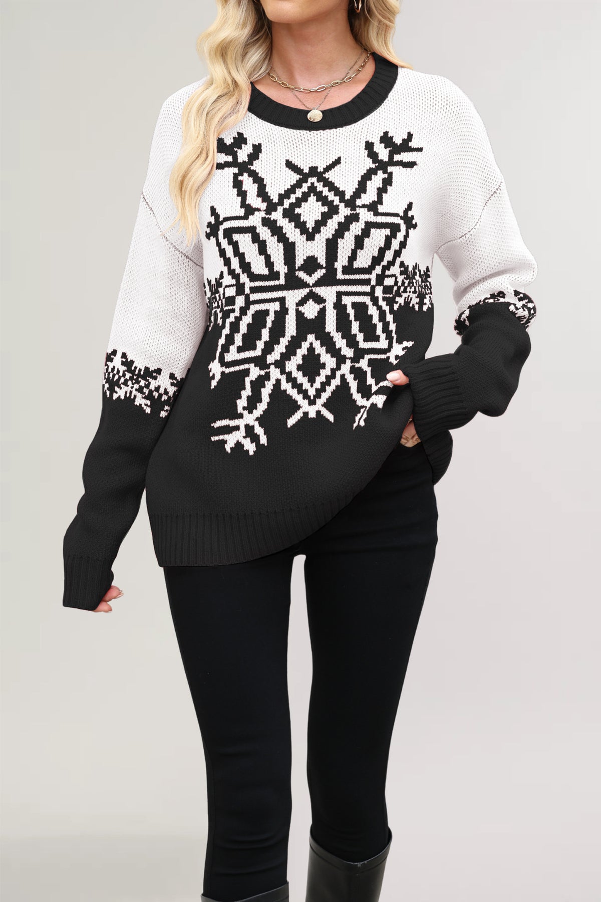 Women's Oversized Christmas Snowflake Knit Pullover Sweater