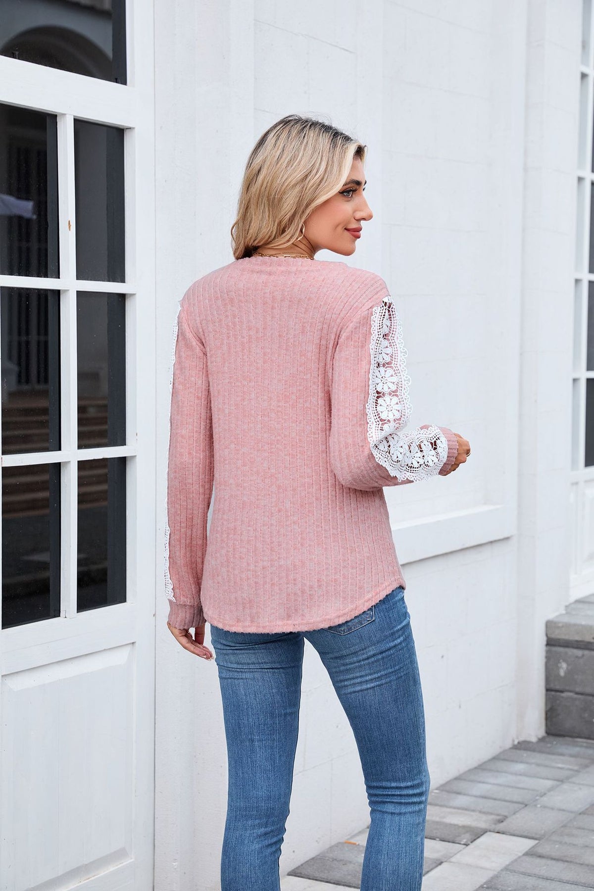Women's V-Neck Lace Sleeve Ribbed Tunic Top