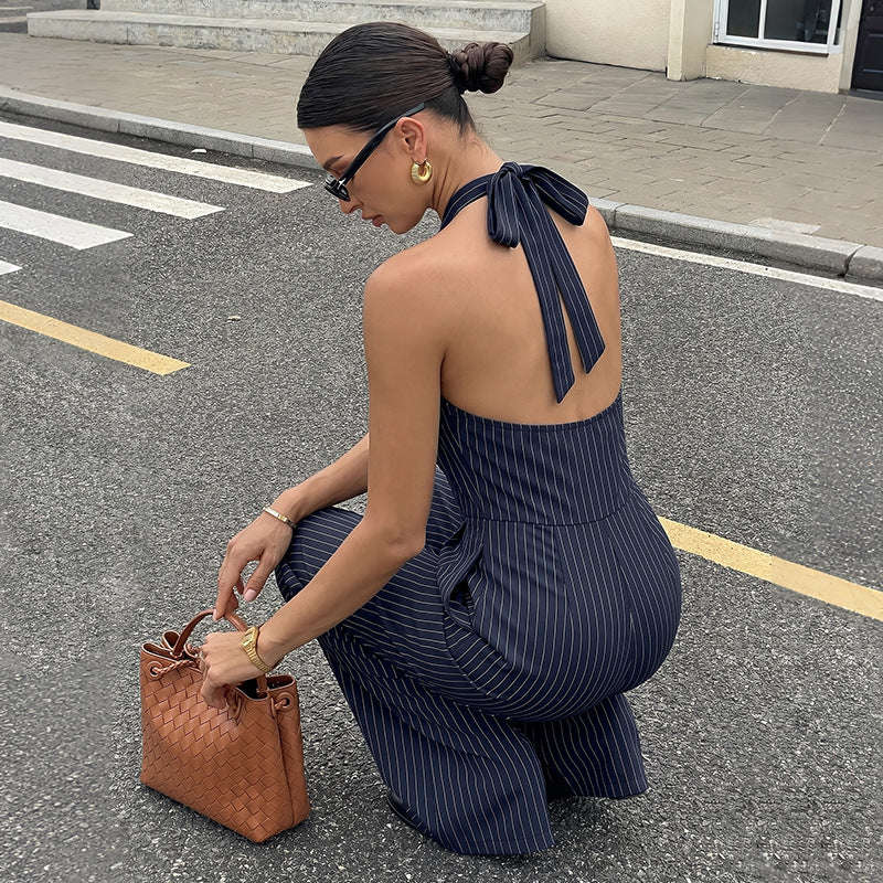 Pinstripe Woven Jumpsuit Workwear Halter Wide Leg