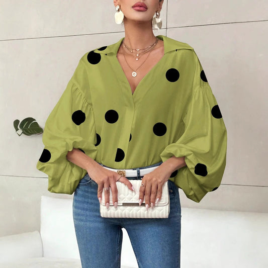 French Polka Dot Half-Open Collar Puff Sleeve Top