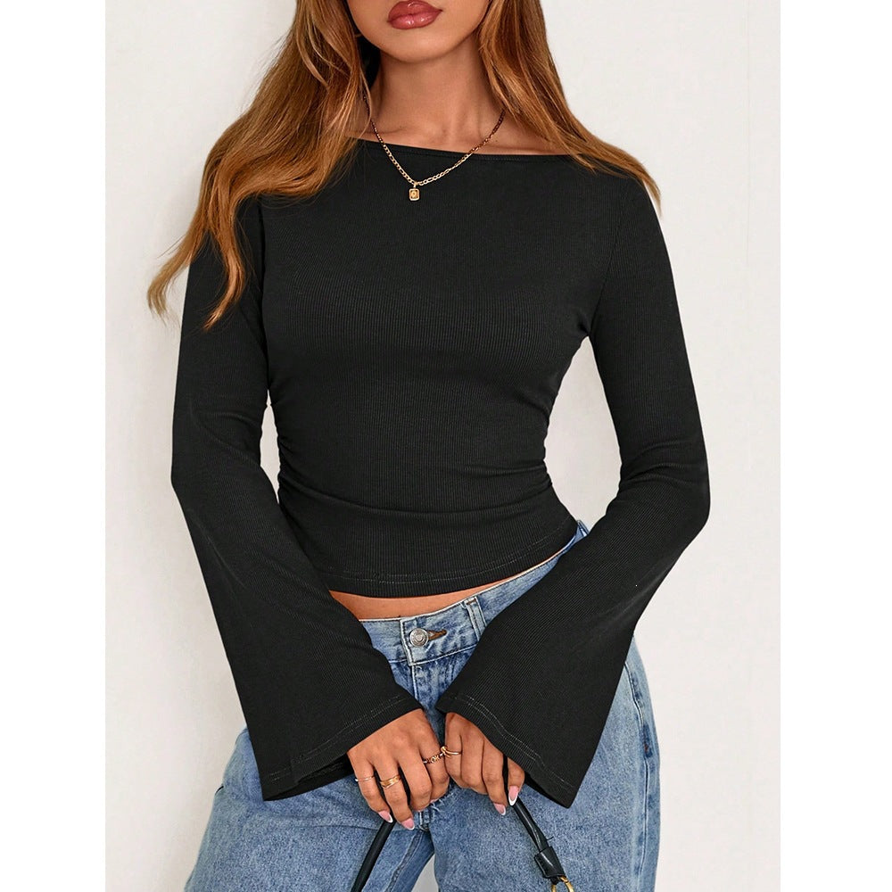 Solid Ribbed Top Trendy Boat Neck Bell Sleeve Slim Fit