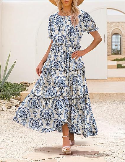 Floral Print Puff Sleeve Tiered Maxi Dress for Summer