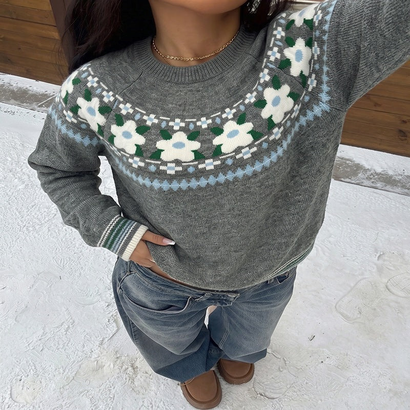 Women's Fair Isle Floral Oversized Crew Neck Sweater