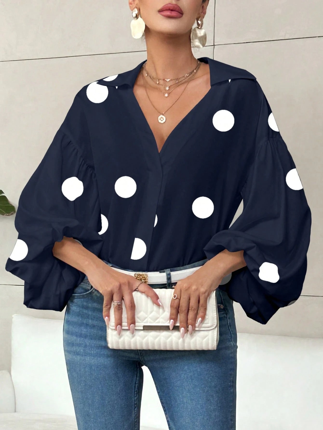 French Polka Dot Half-Open Collar Puff Sleeve Top