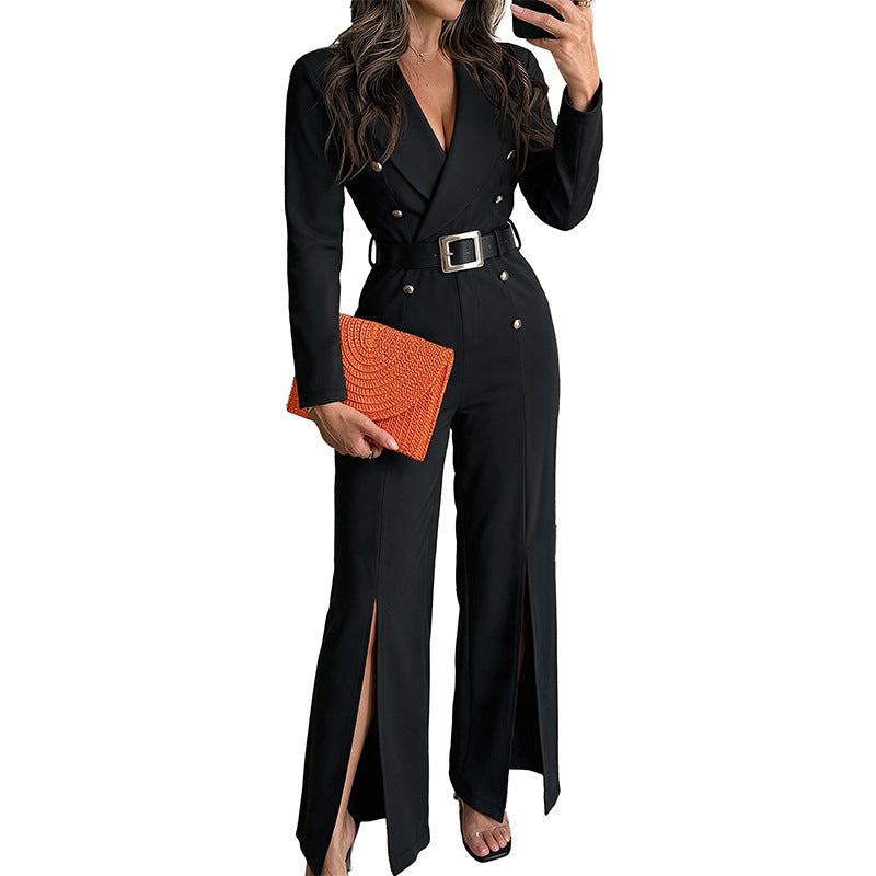 Womens Belted Blazer Jumpsuit High Waist Split Flare Leg