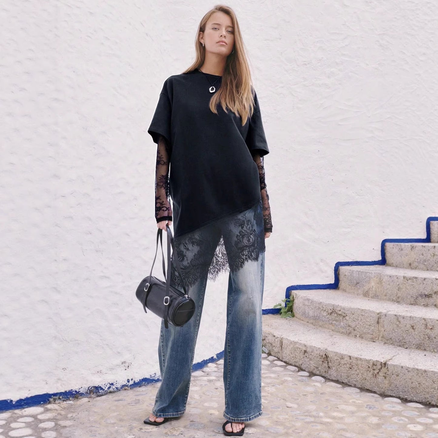 Women Lace Patchwork Sheer Sleeve Loose T Shirt