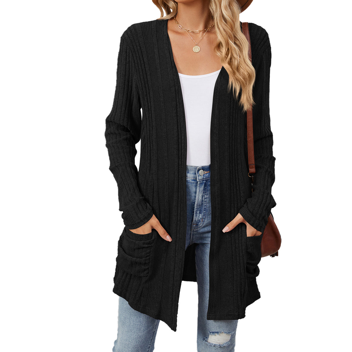 Women's Ribbed Long Cardigan Open Front with Pockets
