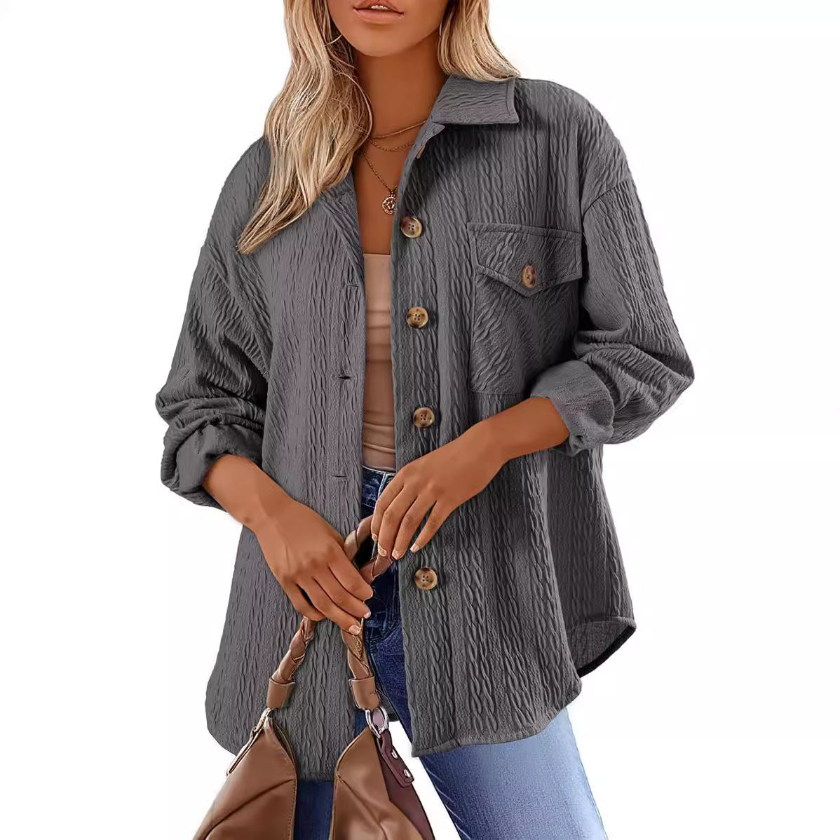 Women's Textured Shacket Oversized Button Down Shirt
