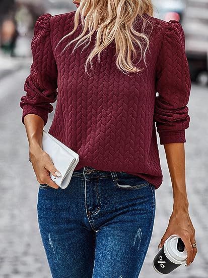 Solid Top Casual Textured Puff Sleeve Pullover