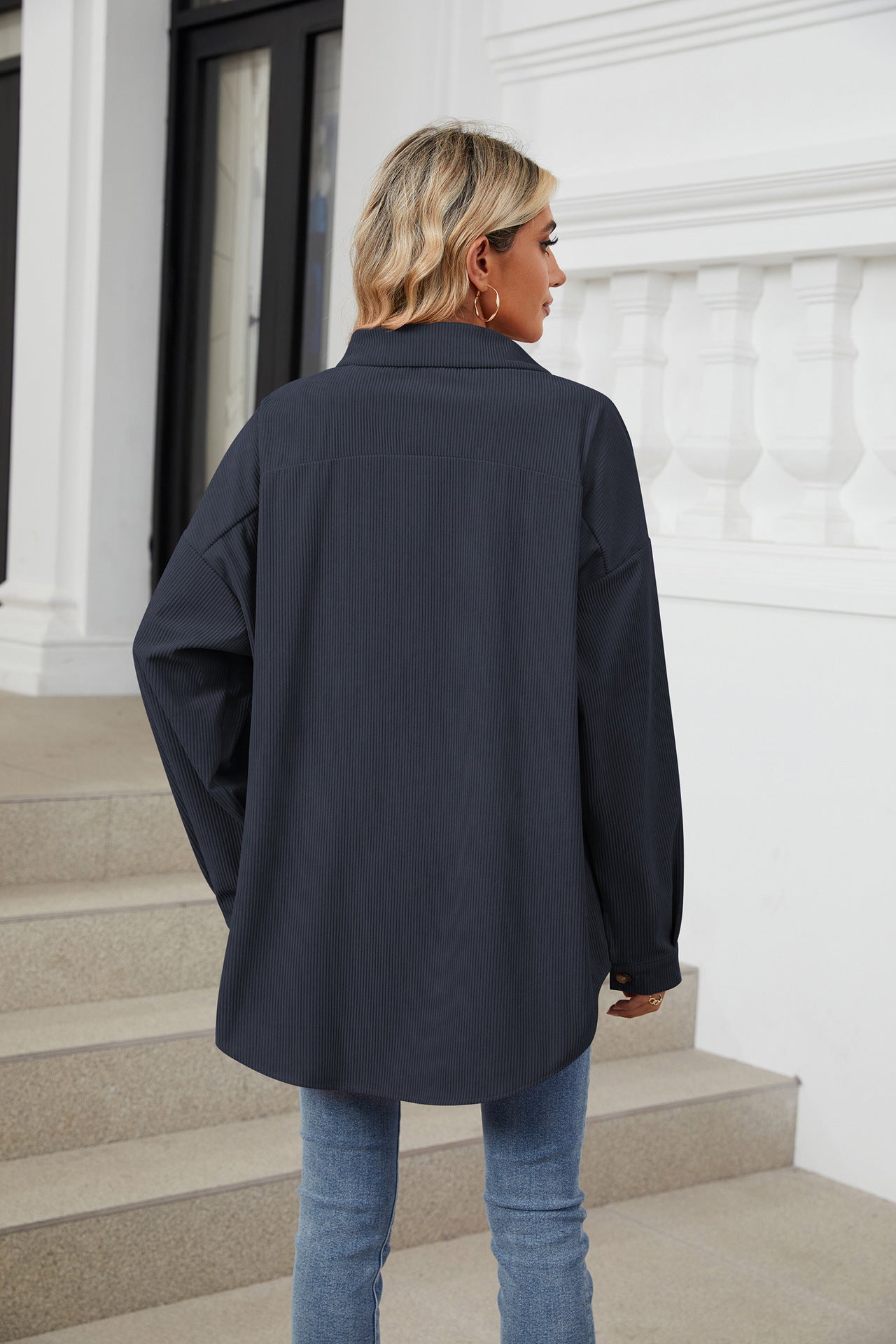 Solid Color Lapel Button-down Long-sleeved Loose Shirt