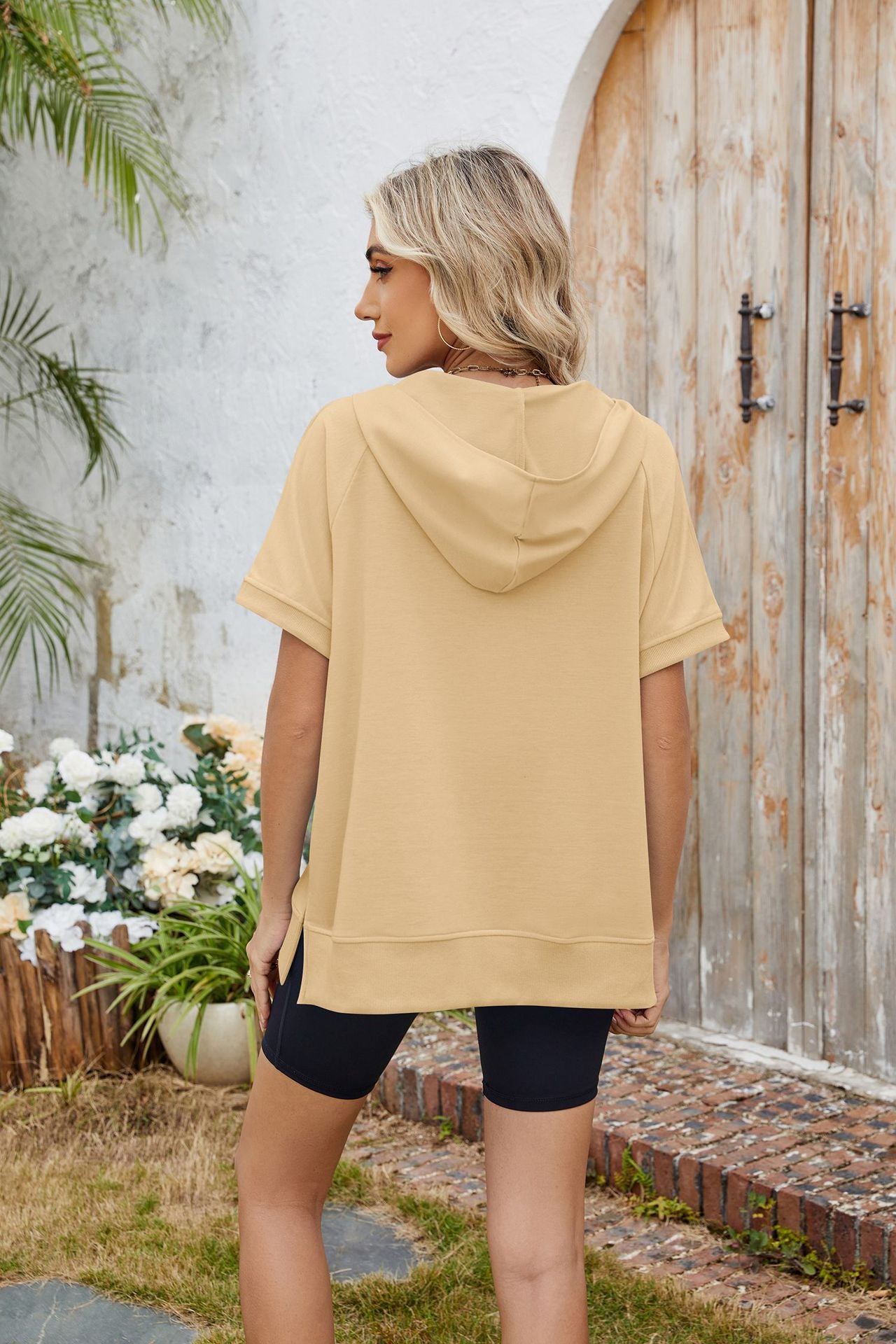 Hooded Short Sleeve Zipper Pocket Sweatshirt