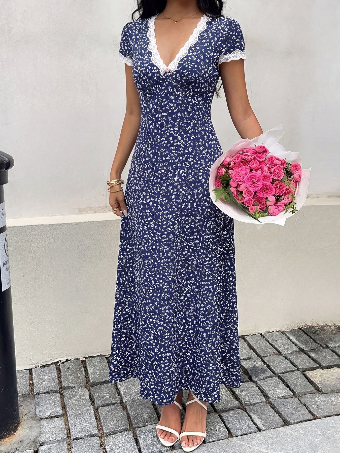 Floral Lace Maxi Dress Short Sleeve Cottagecore Midi