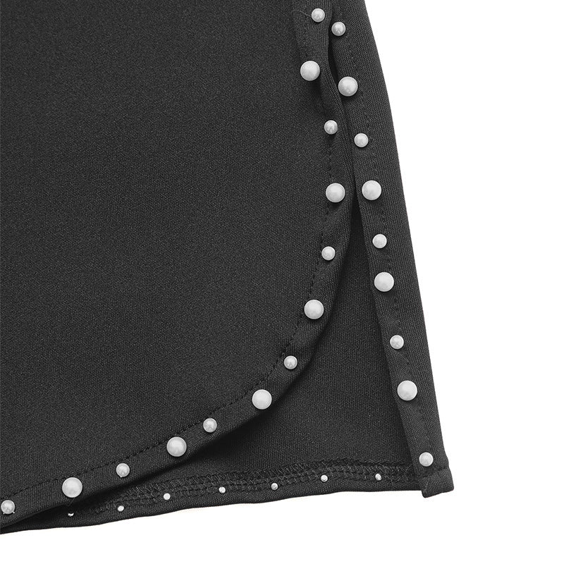High Waist Split Hem Beaded Black Wide Leg Pants