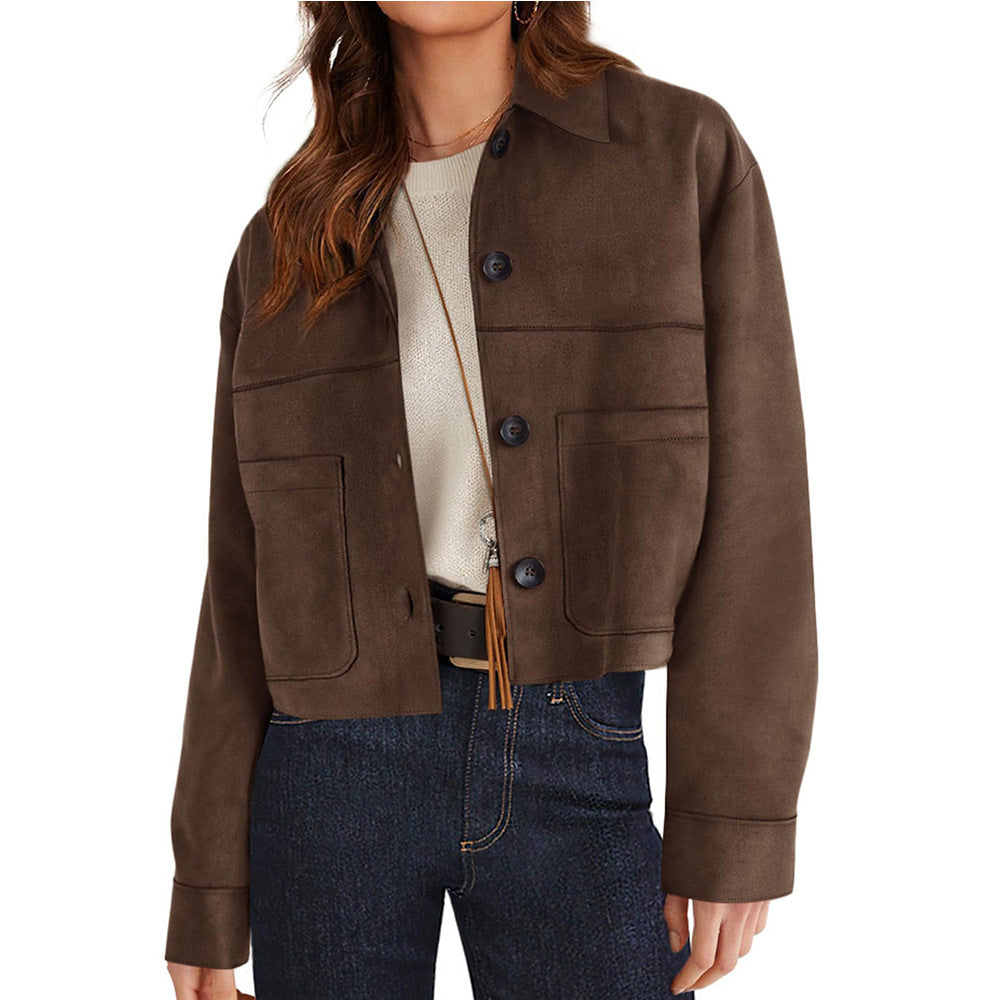 Solid Suede Jacket Western Cropped Button Front