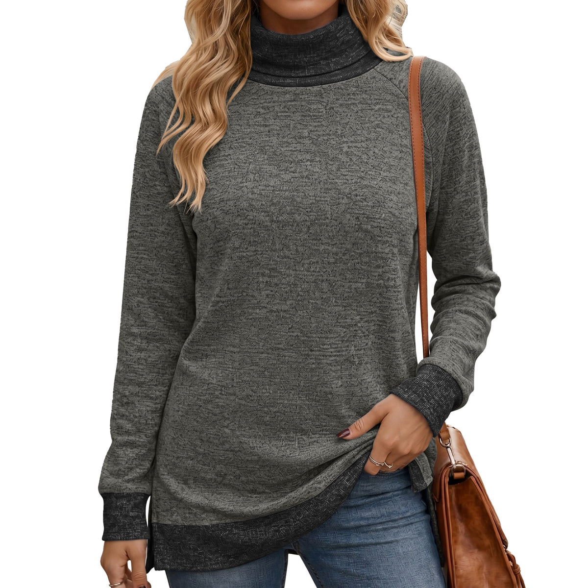 Color Block Turtleneck Long Sleeve Side Split Tunic Top