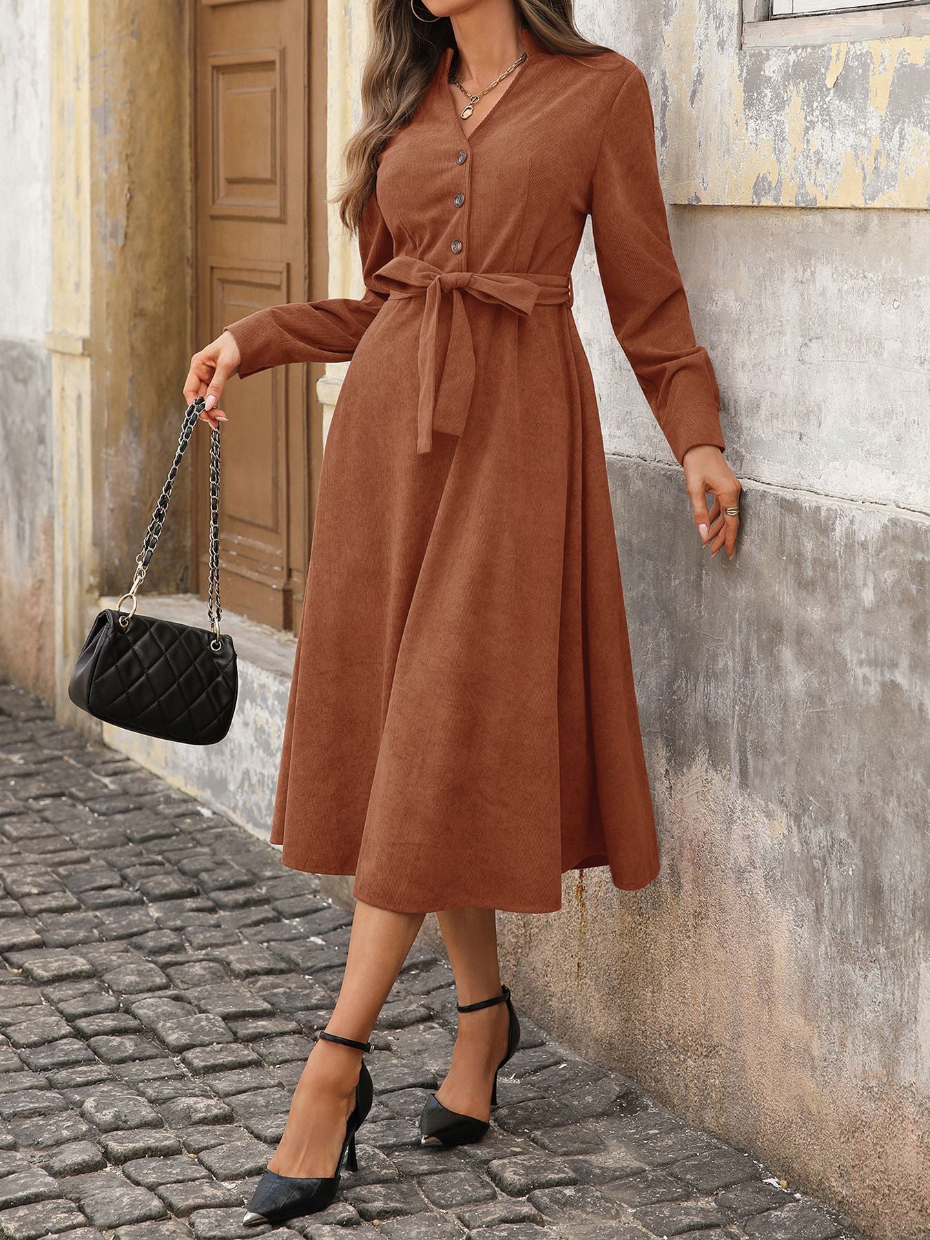 Corduroy V Neck Midi Dress Belted Waist Long Sleeve