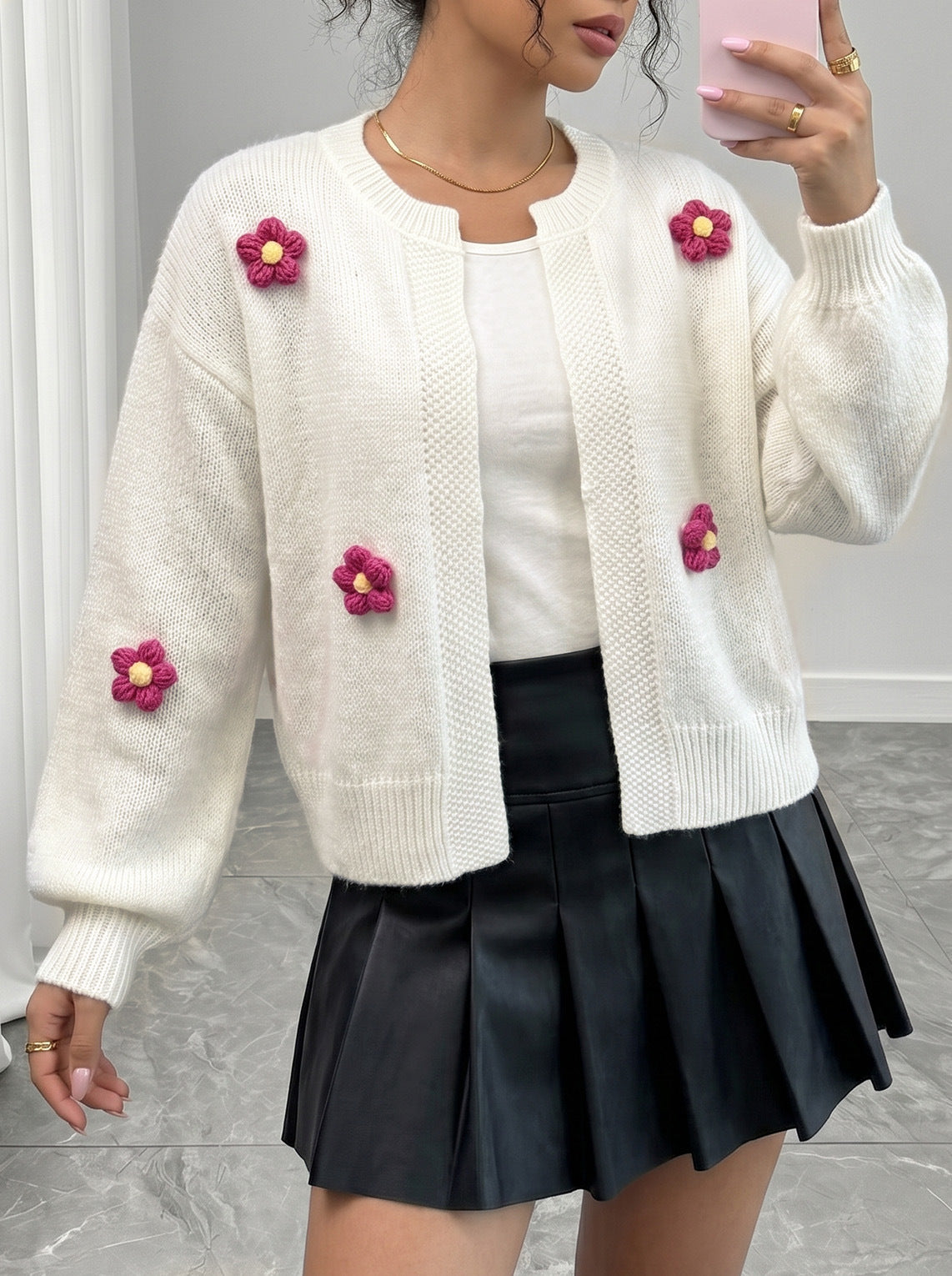 Women's Crochet Flower Cardigan Lantern Sleeve Knit Sweater