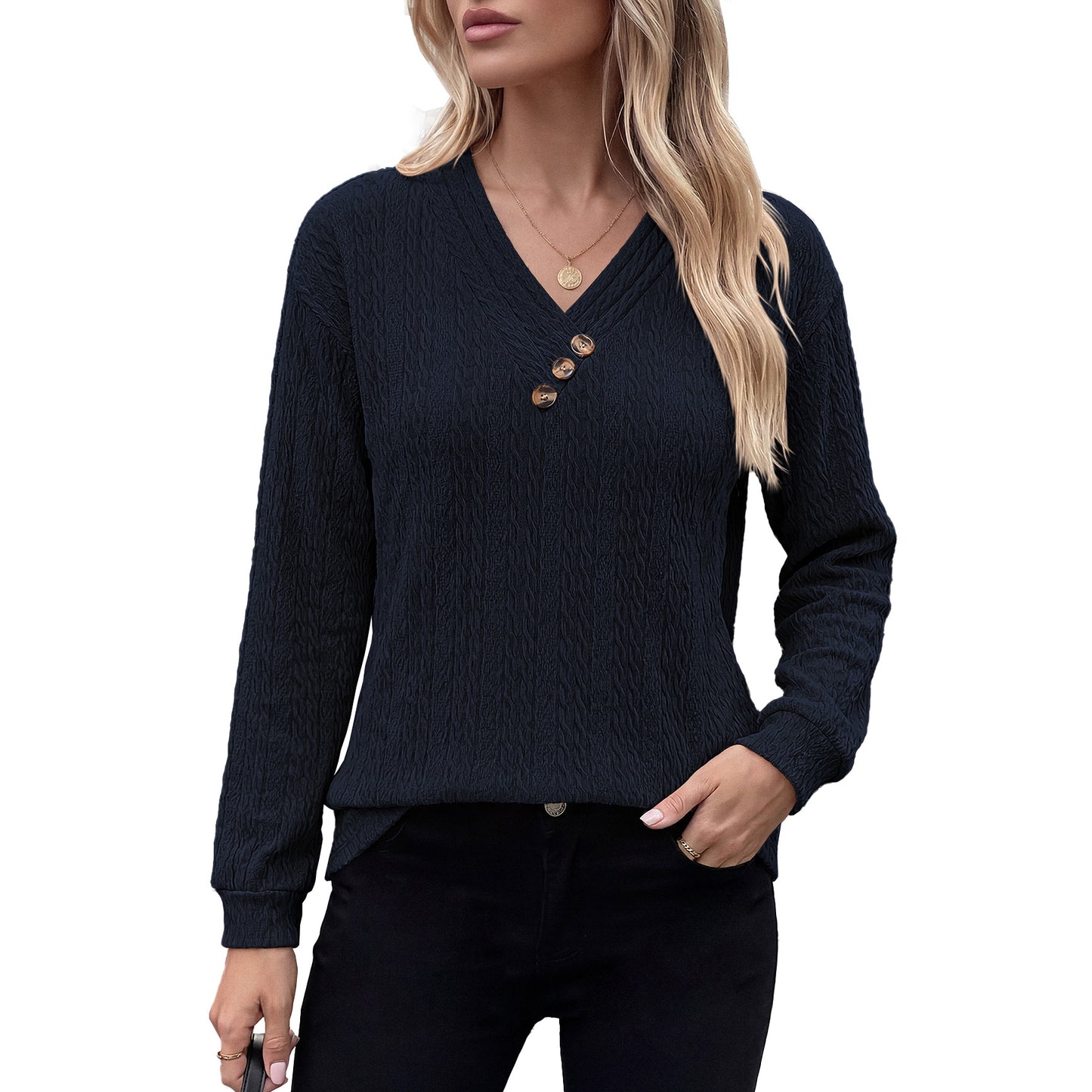 Womens Loose V Neck Button Long Sleeve Textured Top