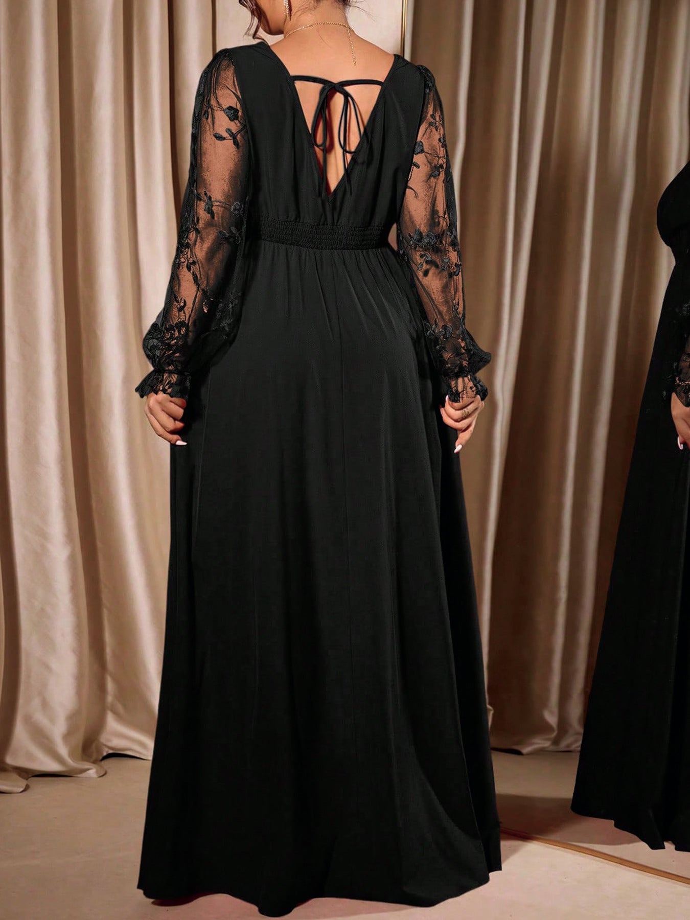 Plus Size Lace Sleeve V Neck Formal Maxi Dress