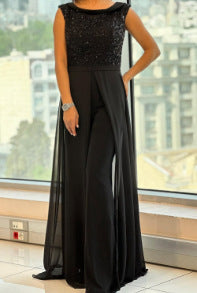 Sequin Chiffon Overlay Wide Leg Formal Jumpsuit