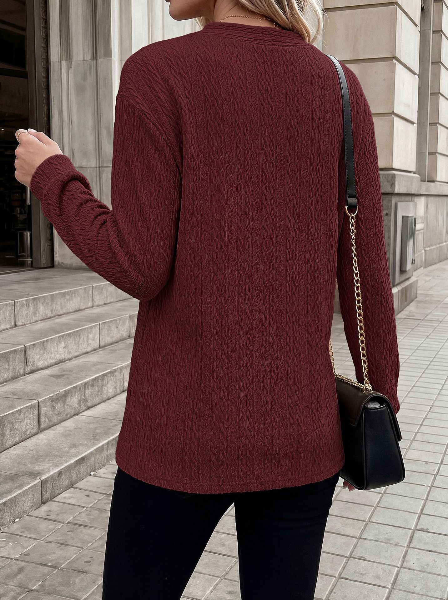 Womens Loose V Neck Button Long Sleeve Textured Top