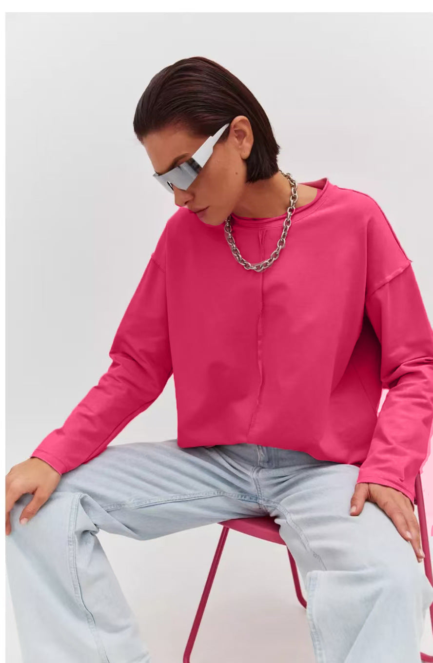 Casual Loose Fit Cotton Long Sleeve Distressed T Shirt Top