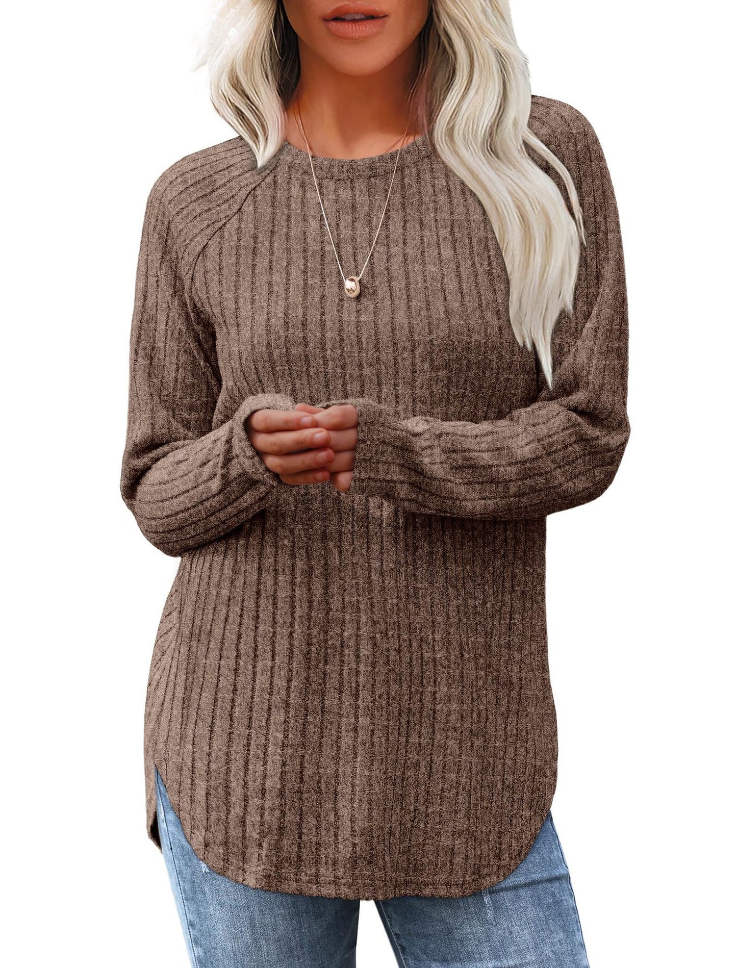 Solid Ribbed Knit Tunic Top Curved Hem Long Sleeve