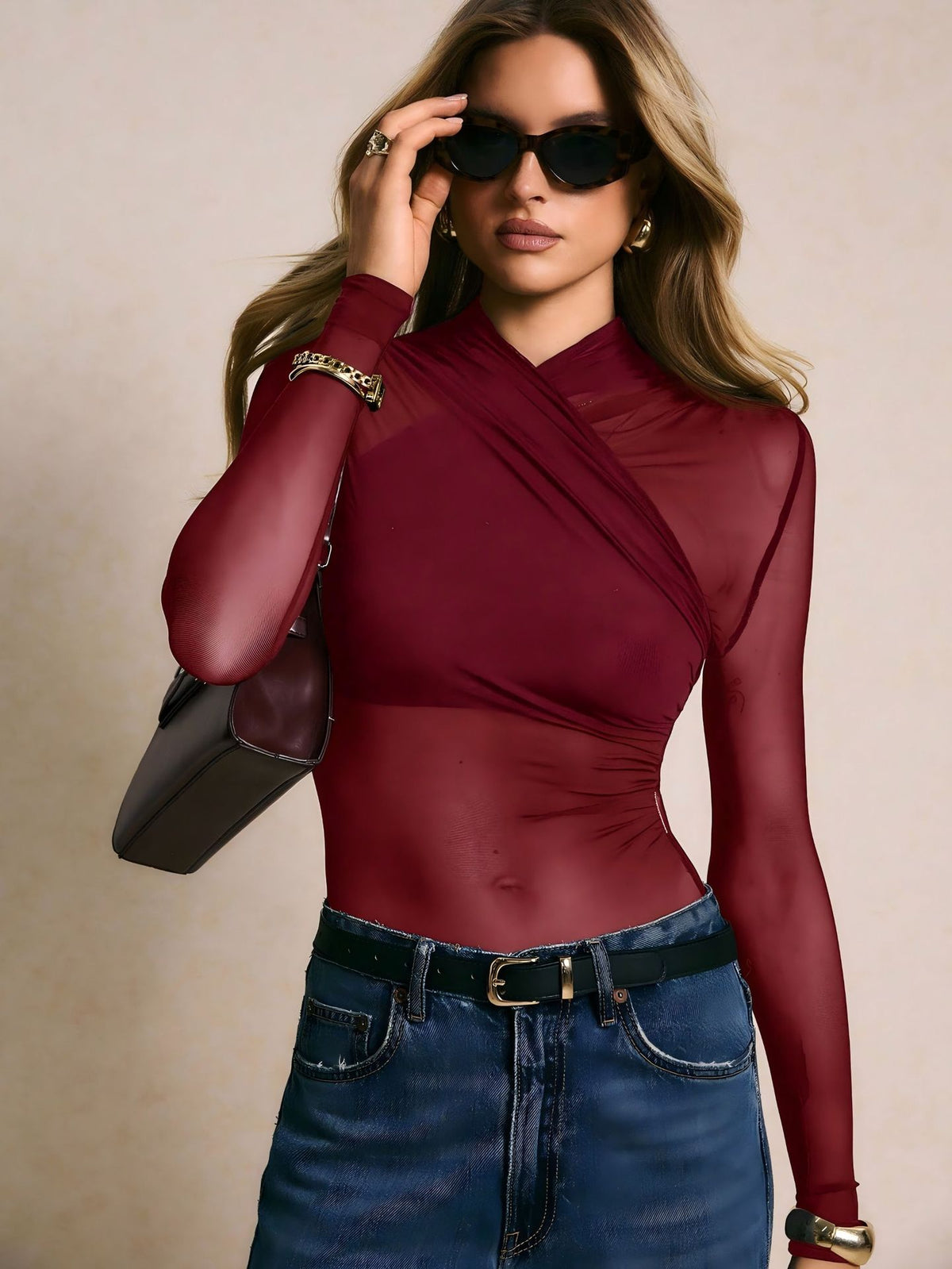 Sexy Sheer Mesh Long Sleeve Cross Neck Bodysuit
