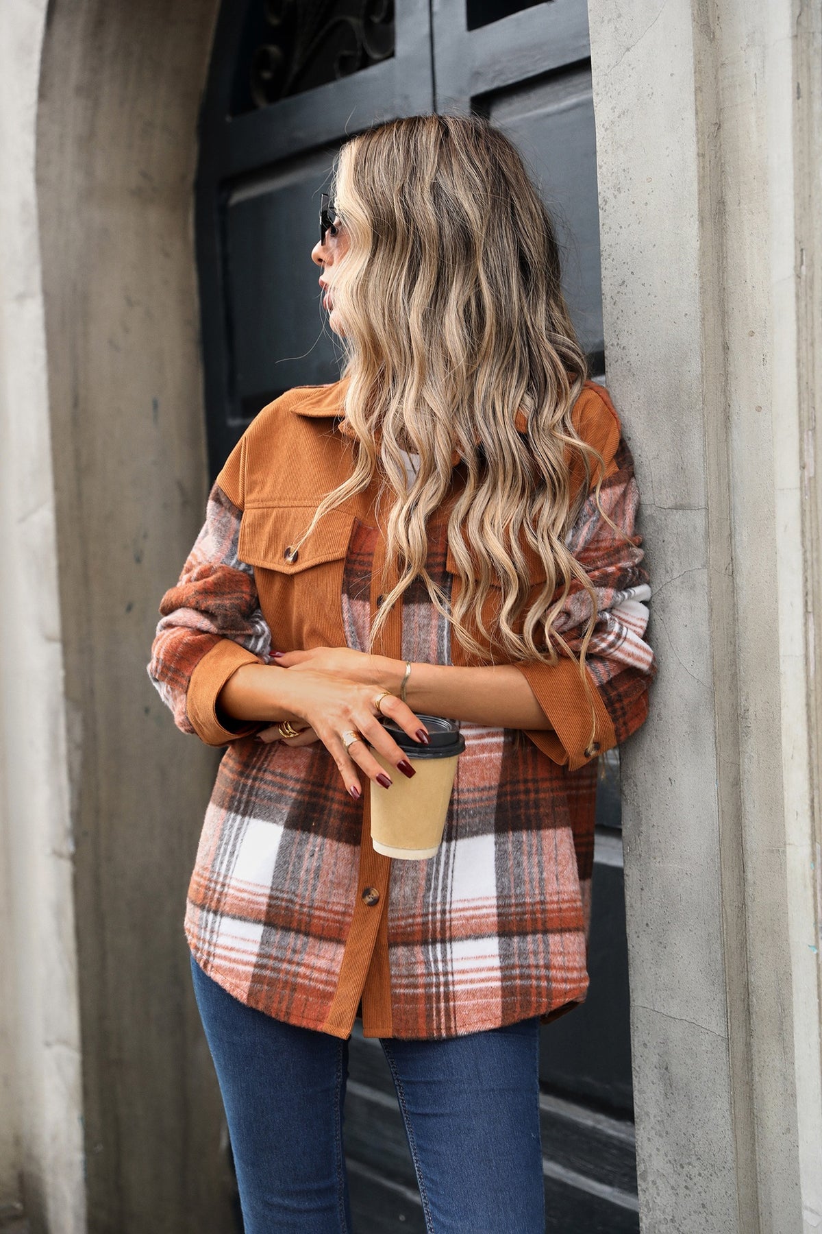 Women's Oversized Plaid Corduroy Shacket Button Down
