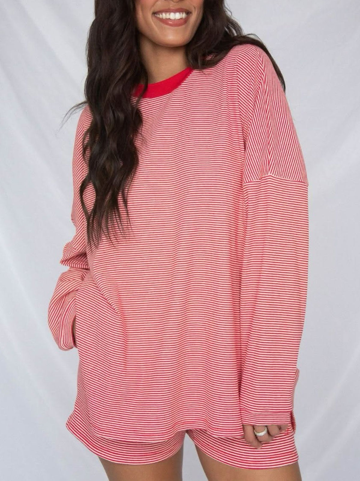 Women's Striped Oversized Long Sleeve Lounge Shorts Set