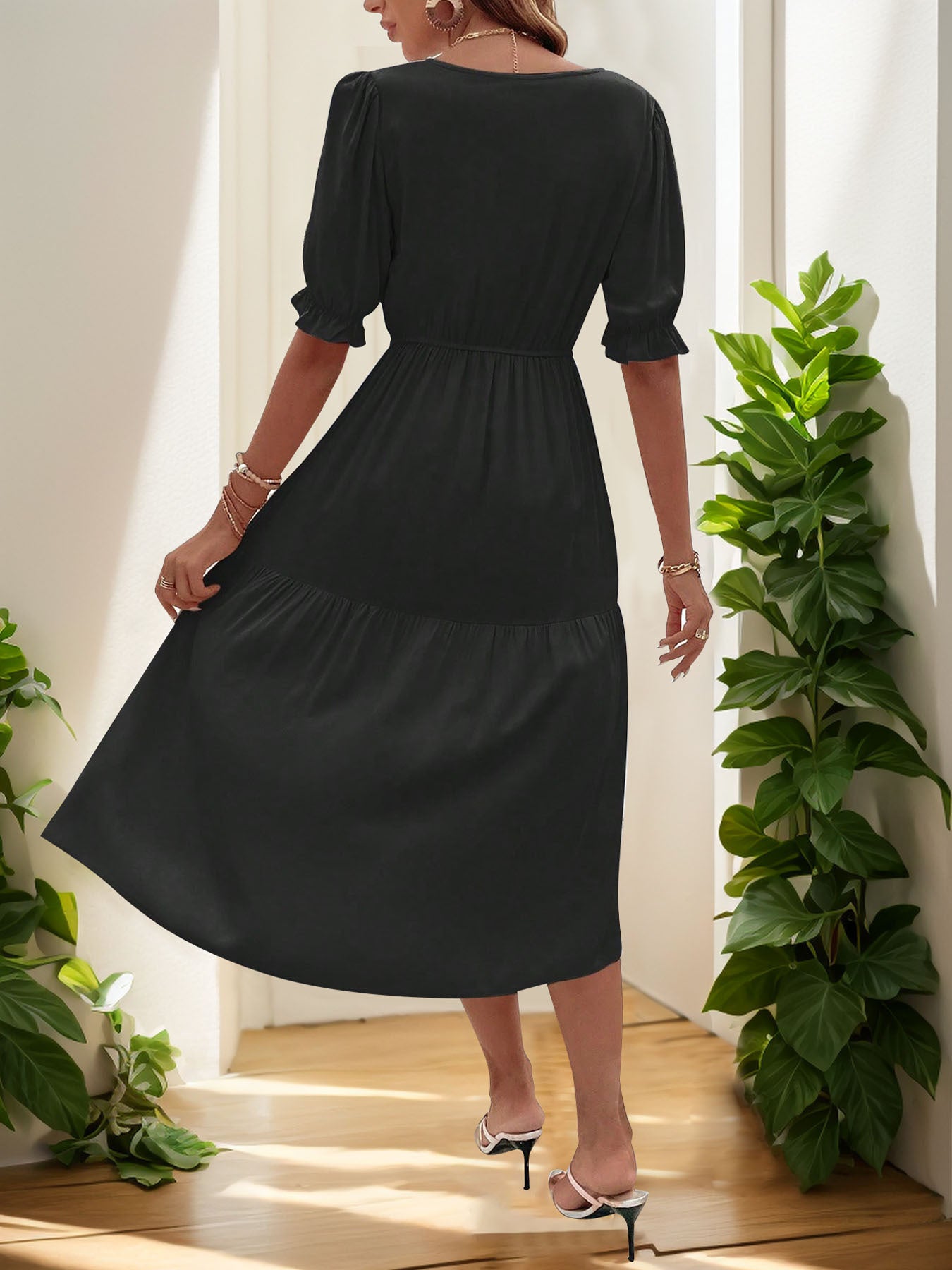 High Waist Solid Color Casual Midi Dress for Women